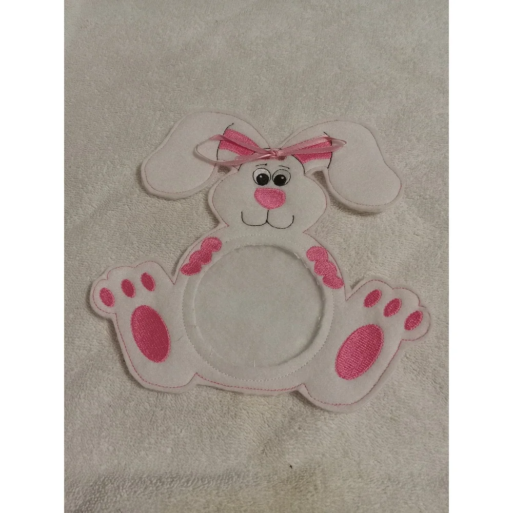 White Felt Easter Bunny Photo Frame Holder Pink Bow Ears Applique‎ Craft Decor
